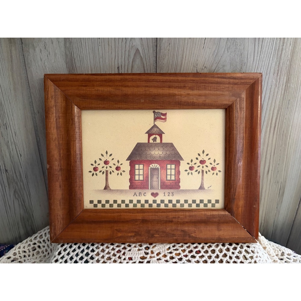 Folk Art Schoolhouse Framed Print Rustic Wood Frame Apple Trees ABC 123